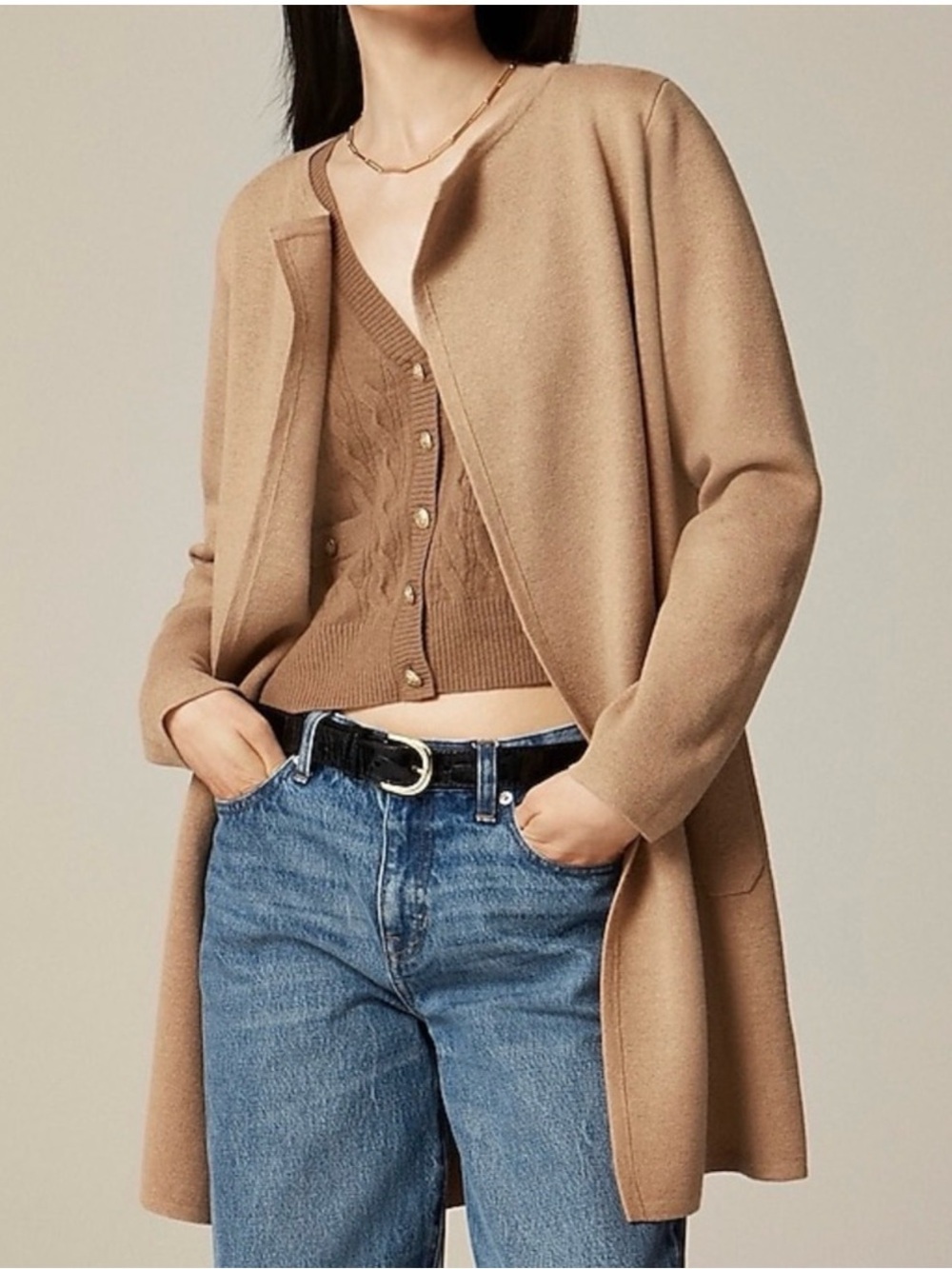 J.Crew Women’s Juliette Collarless Sweater-Blazer Open-Front Camel size Small